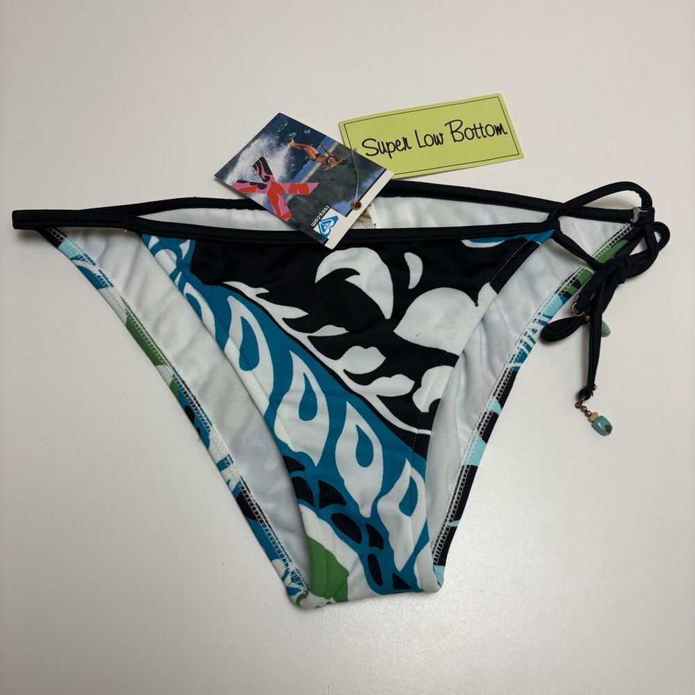 NWT Roxy Cha Cha String Bikini Bottoms, Super Low Rise, Blue Green Print Size L